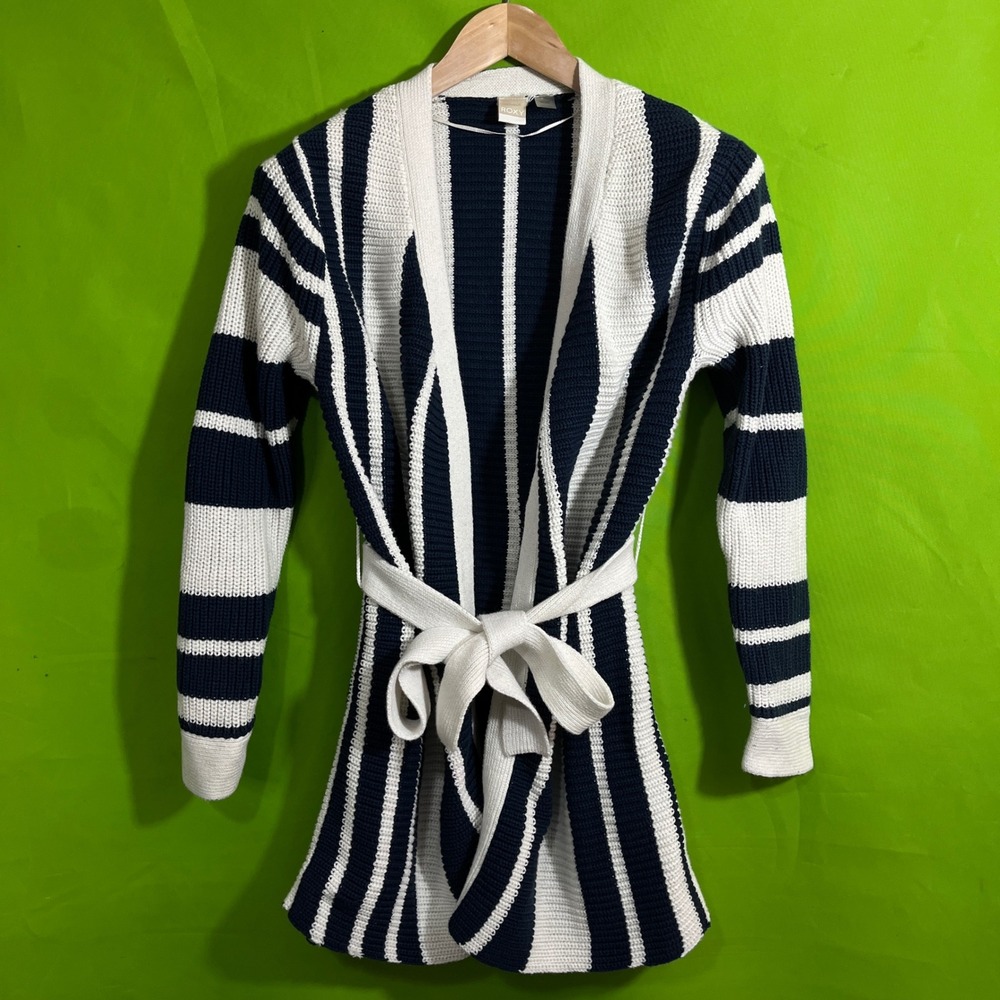 Roxy Womens XS Navy Blue White Striped‎ Belted Open Front Chunky Knit Cardigan